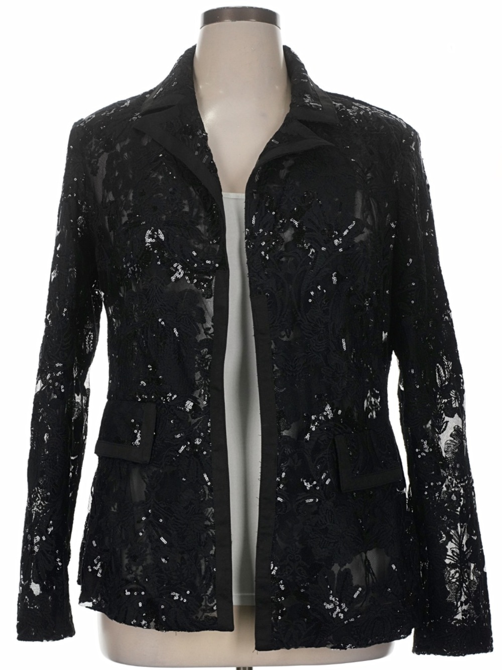 Nova Luxe Black Sequin Lace Sheer Blazer Jacket Elegant Sophisticated office